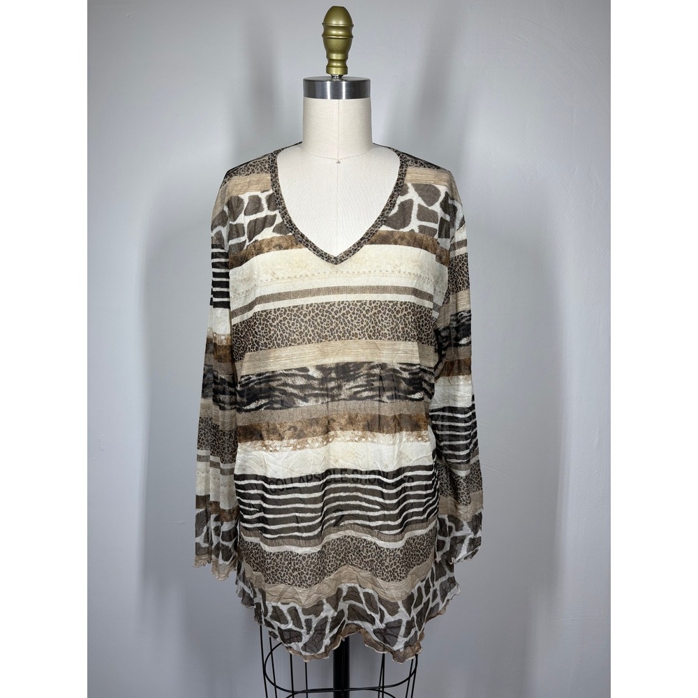 Jess & Jane Mixed Animal Print Stretchy Mesh Top XL Brown Sheer Boho Safari Y2K